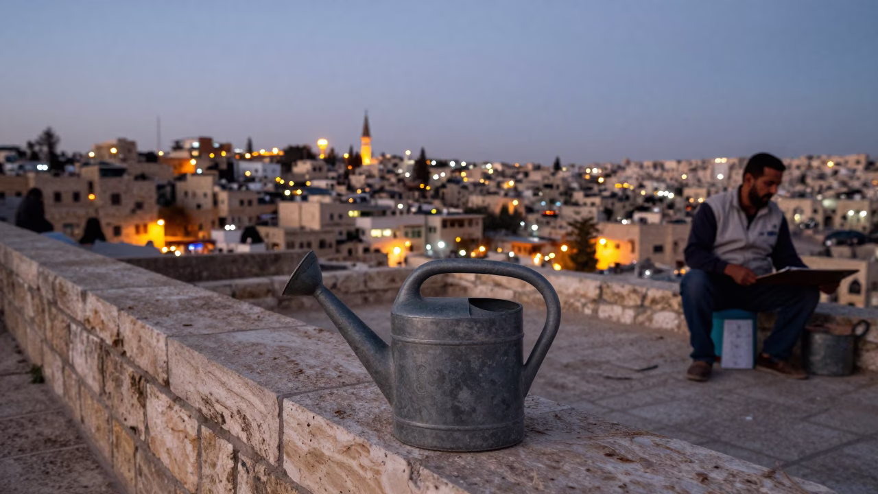 Amman Jordan Street Scene with Watering Can at Dusk in in Amman, Jordan