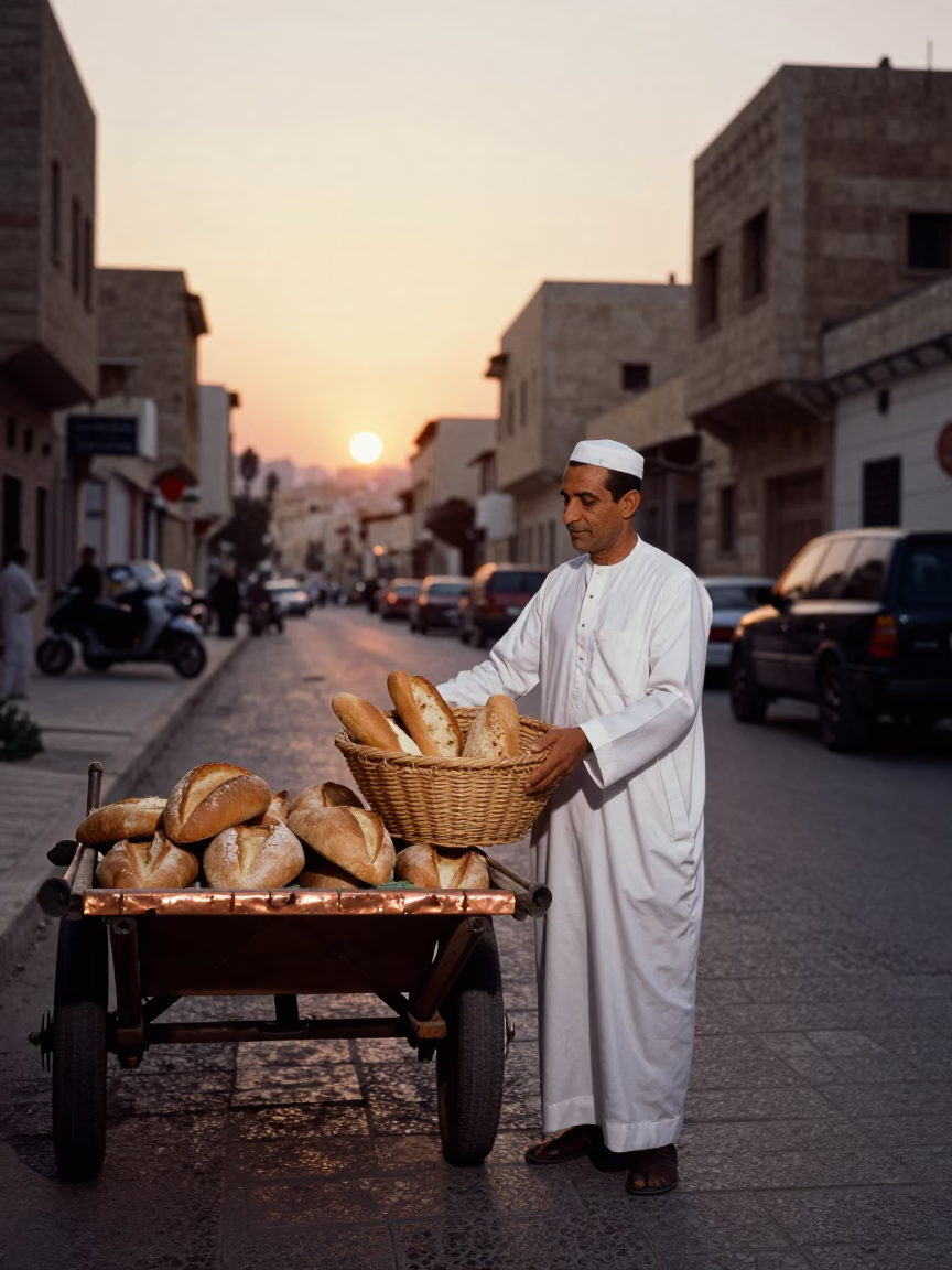 Amman Jordan Street Scene with Woven Bread Basket in Copper Dusk Light in in Amman, Jordan