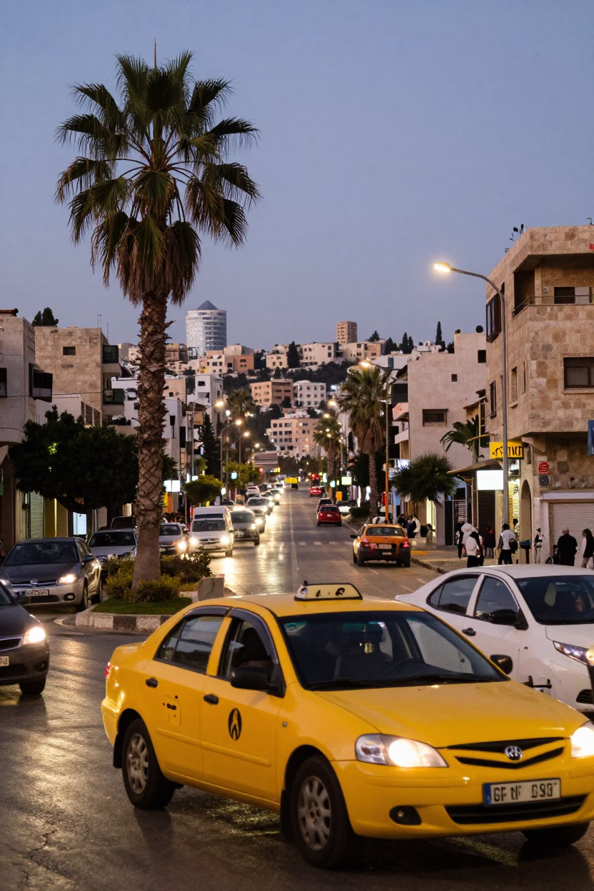 Amman Jordan Street Scene with Yellow Taxi and Palm Trees at Dusk in in Amman, Jordan