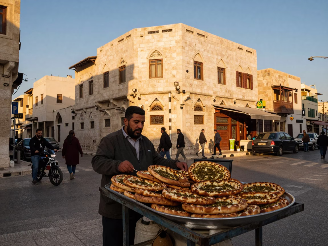 Amman Jordan Street Scene with Zaatar Manakeesh in Honeyed Evening Light in in Amman, Jordan