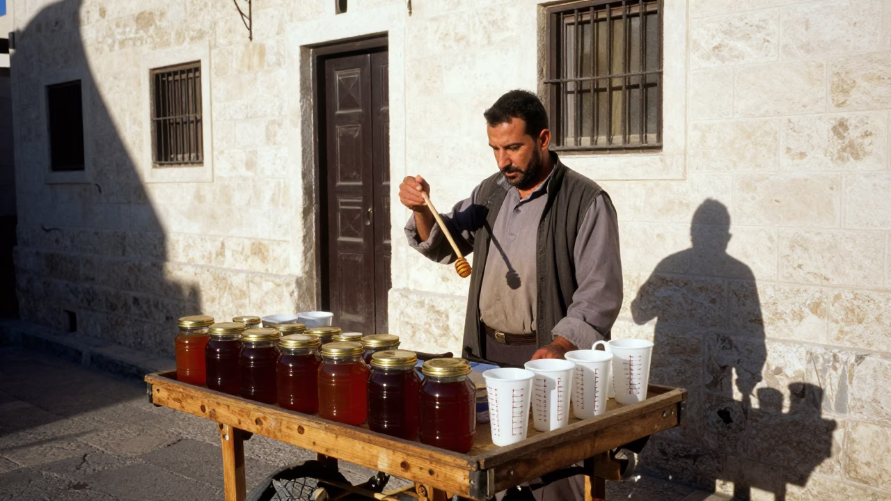 Amman Jordan Street Vendor Honey Jar and Measuring Cups at Sunset in in Amman, Jordan