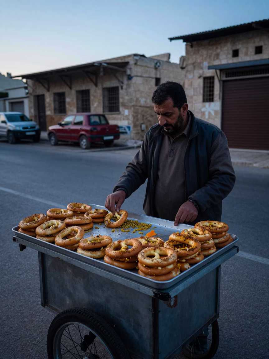 Amman Jordan Street Vendor Selling Fresh Mandazi and Cardamom Pastries Before Sunrise in in Amman, Jordan