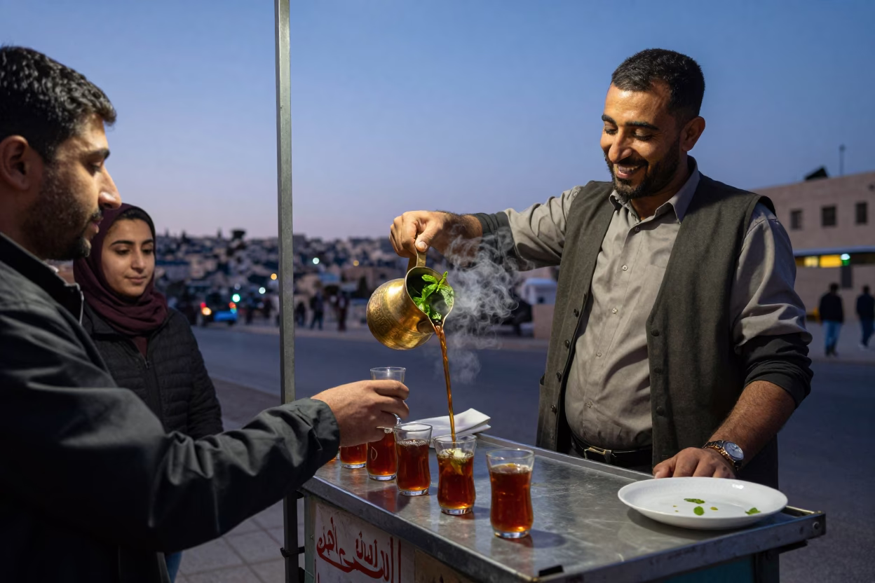Amman Jordan street vendor serving hot mint tea to tourists at twilight in in Amman, Jordan