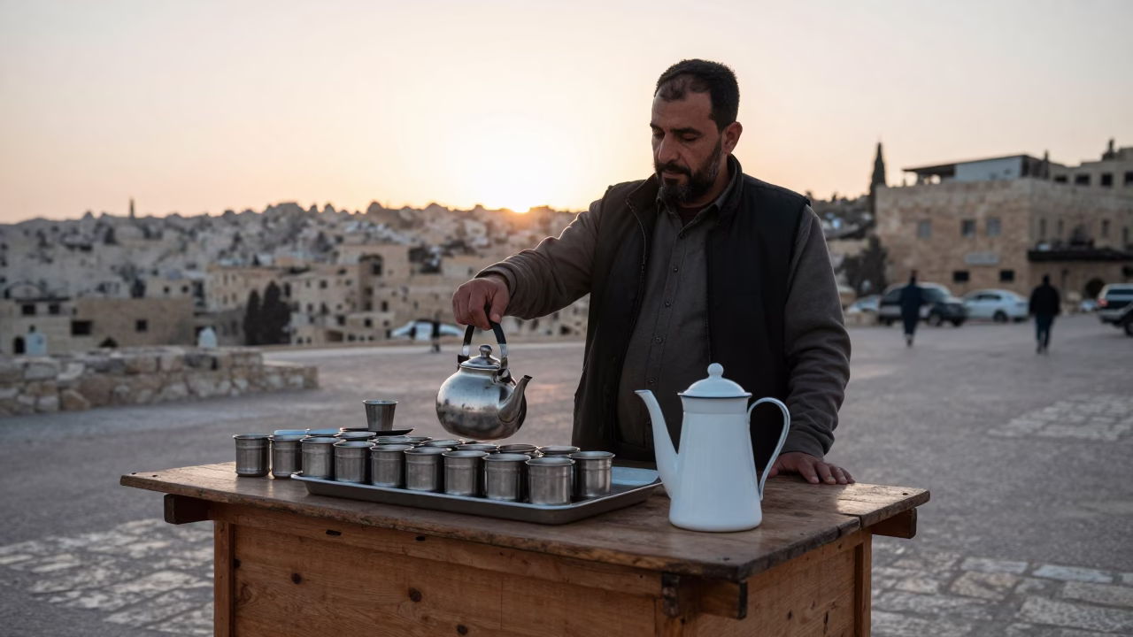Amman Jordan Street Vendor Tea Stall Before Sunrise With Pitcher And Blankets in in Amman, Jordan