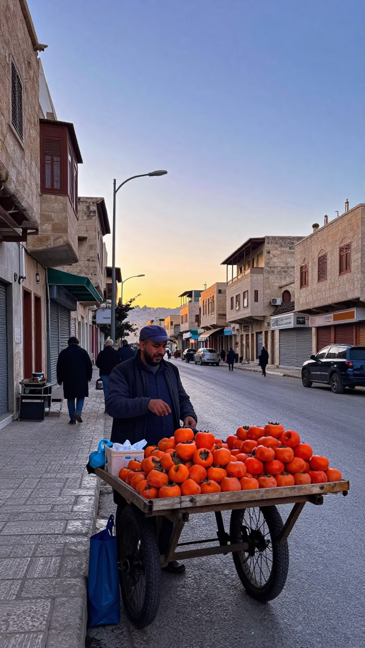 Amman Jordan Sunrise Street Scene with Local Vendor and Colorful Produce in in Amman, Jordan