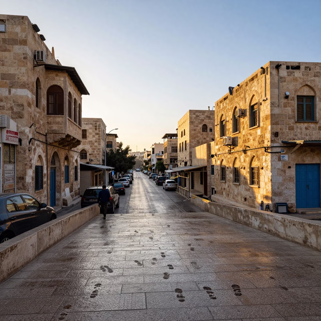 Amman Jordan Sunrise Street Scene with Pedestrian Overpass and Local Interaction in in Amman, Jordan
