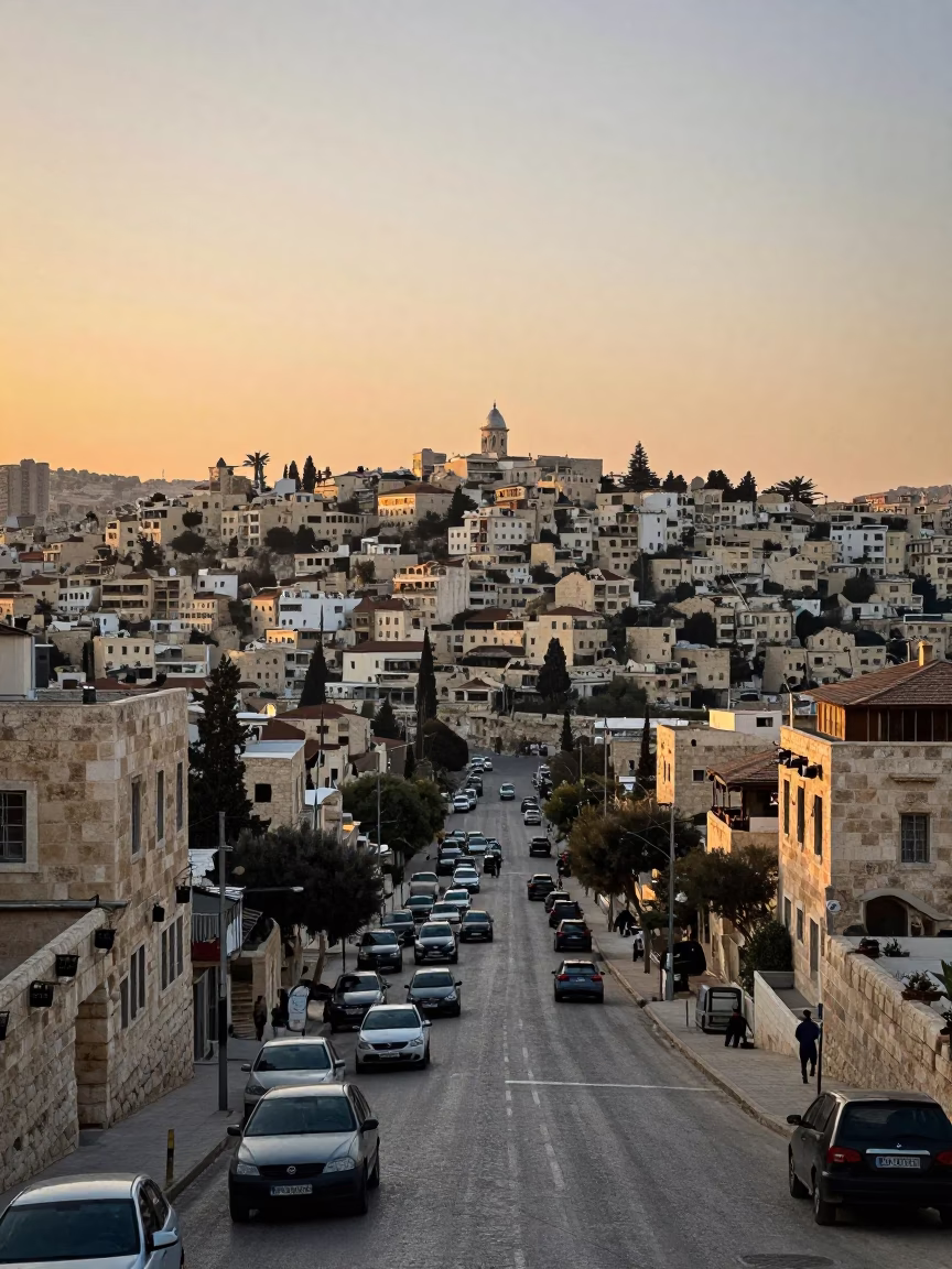 Amman Jordan Sunset Funicular Ride Steep Hillside Cityscape and Traffic in in Amman, Jordan