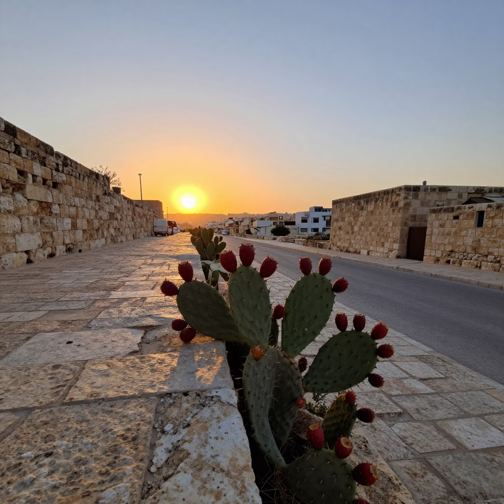 Amman Jordan Sunset Prickly Pear Cactus with Red Fruit Stone Architecture in in Amman, Jordan
