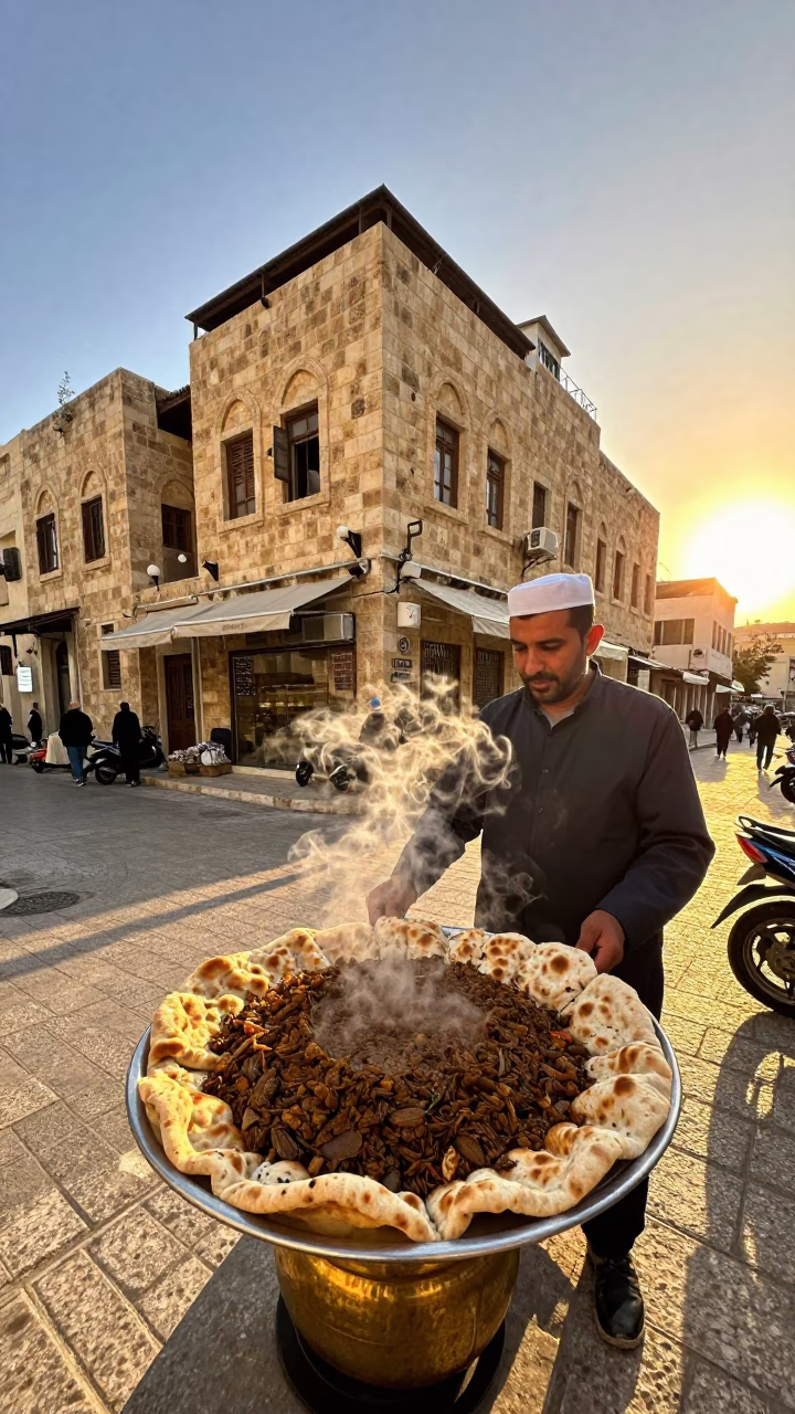 Amman Jordan Sunset Street Scene Mansaf Plate and Brass Pot Lid on Busy Sidewalk in in Amman, Jordan