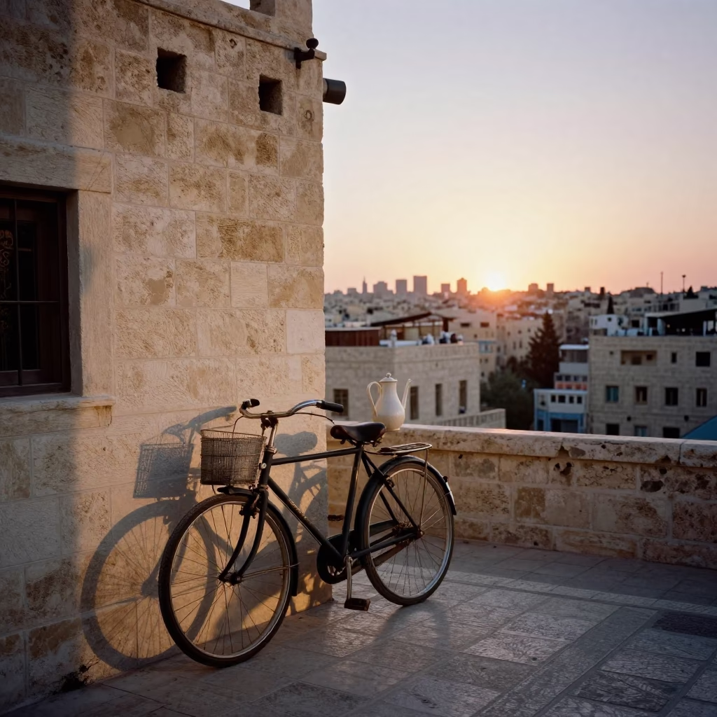 Amman Jordan Sunset Street Scene Vintage Bicycle and Pitcher on Stone Balcony in in Amman, Jordan