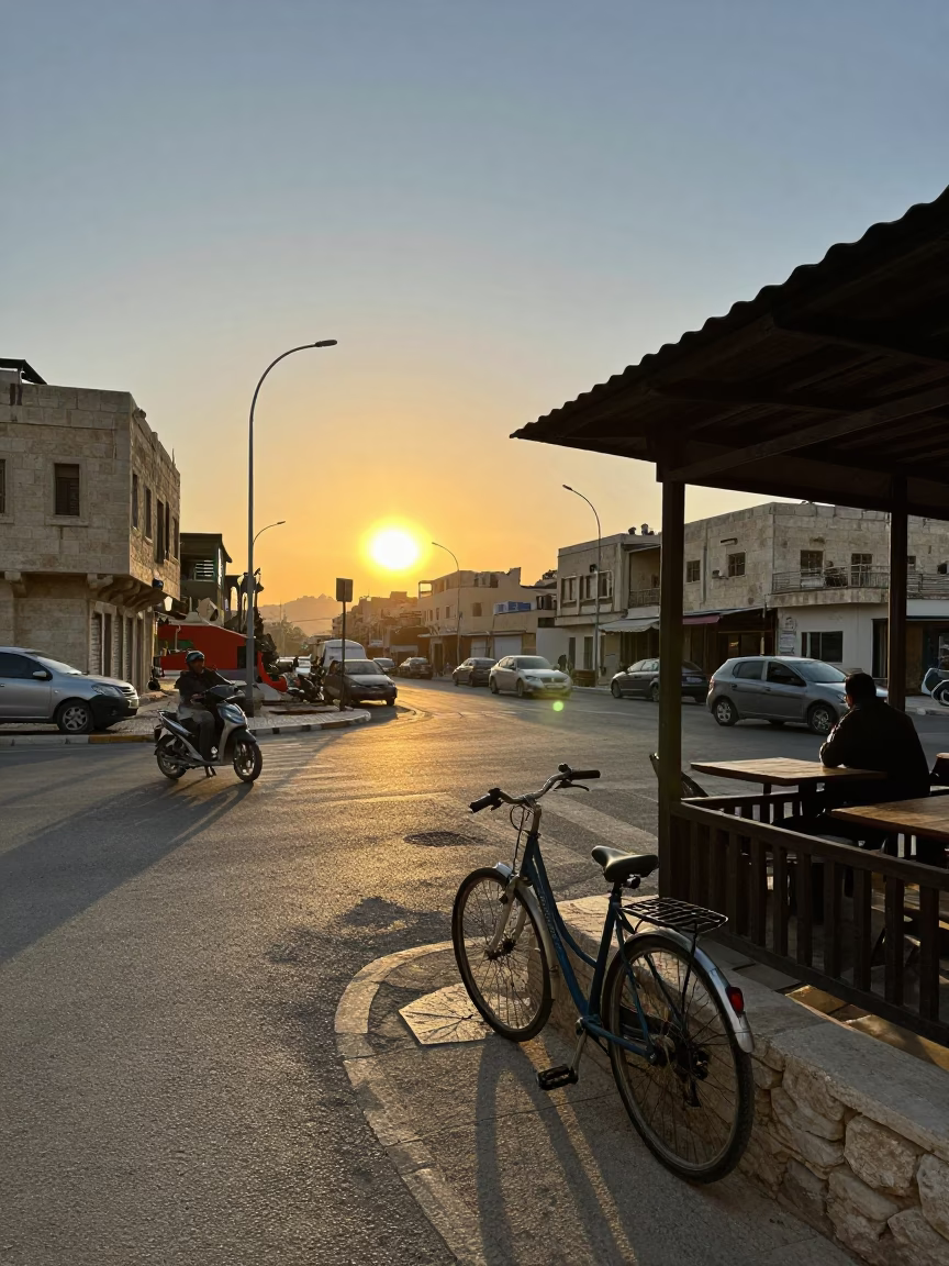Amman Jordan Sunset Street Scene with Bicycle and Construction Activity in in Amman, Jordan