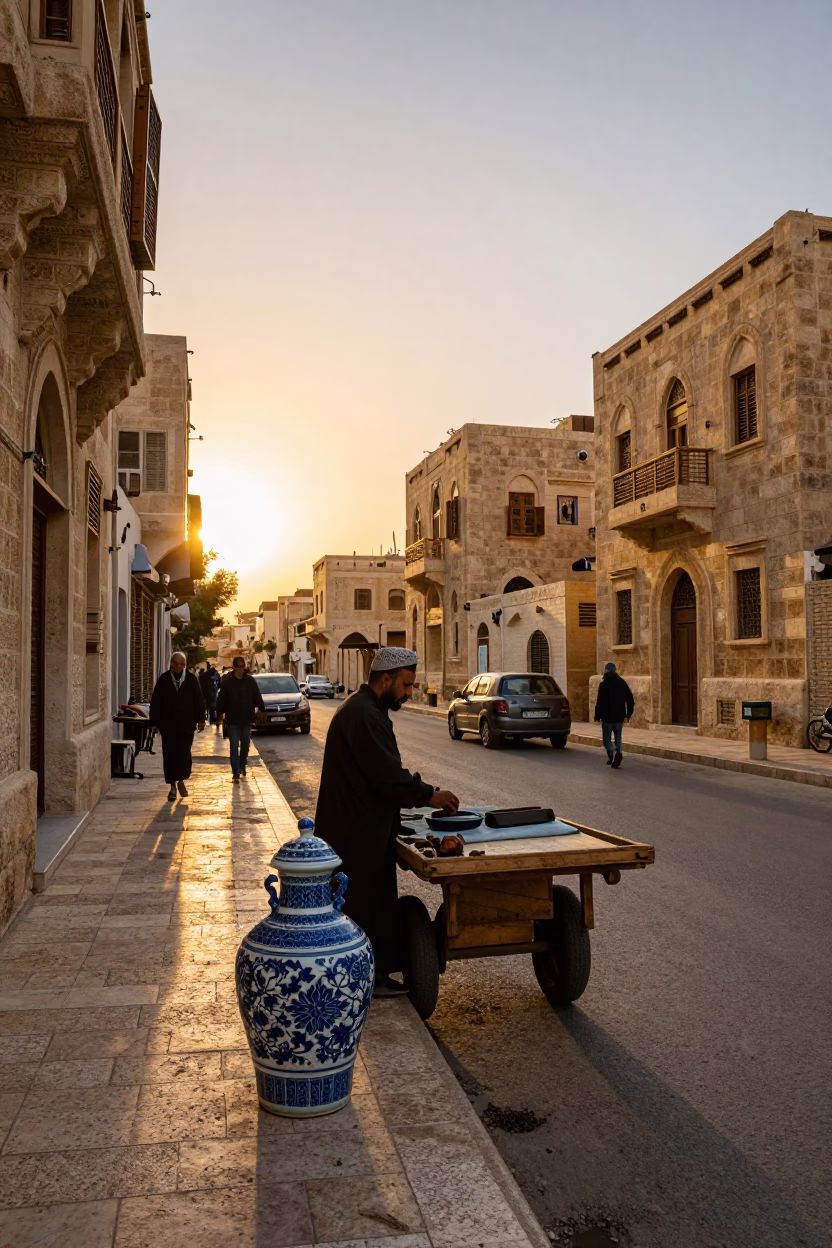 Amman Jordan Sunset Street Scene with Blue Porcelain Jar and Local Vendor in in Amman, Jordan