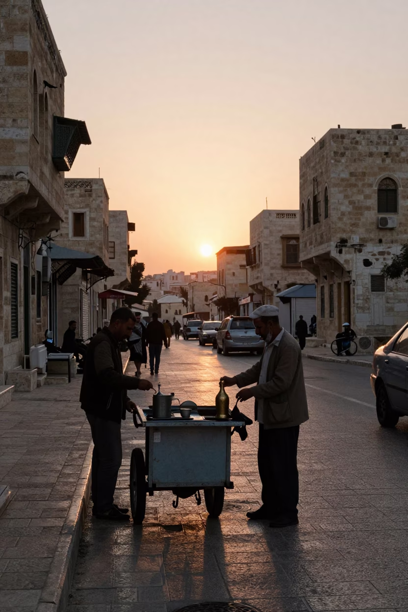 Amman Jordan Sunset Street Scene with Brass Bottle and Watering Jug in in Amman, Jordan