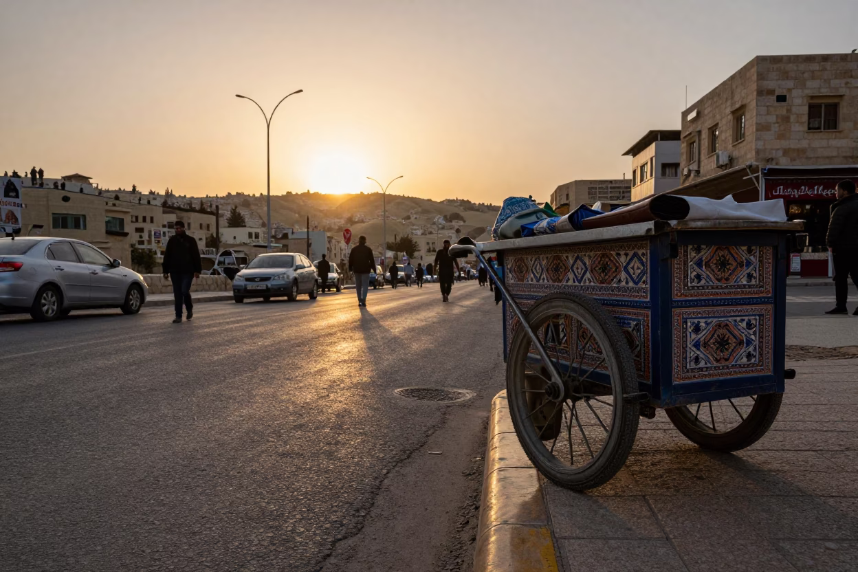 Amman Jordan Sunset Street Scene with Caster Wheel and Patterned Rug in in Amman, Jordan