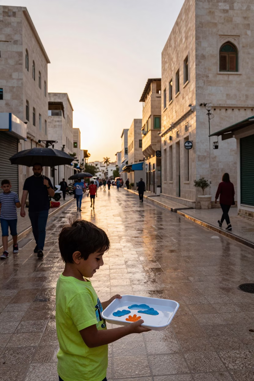 Amman Jordan Sunset Street Scene with Child and Preschool Rain Boot Tray in in Amman, Jordan