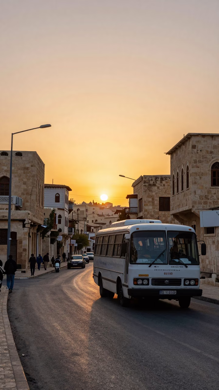Amman Jordan Sunset Street Scene with Classic Bus and Traditional Architecture in in Amman, Jordan