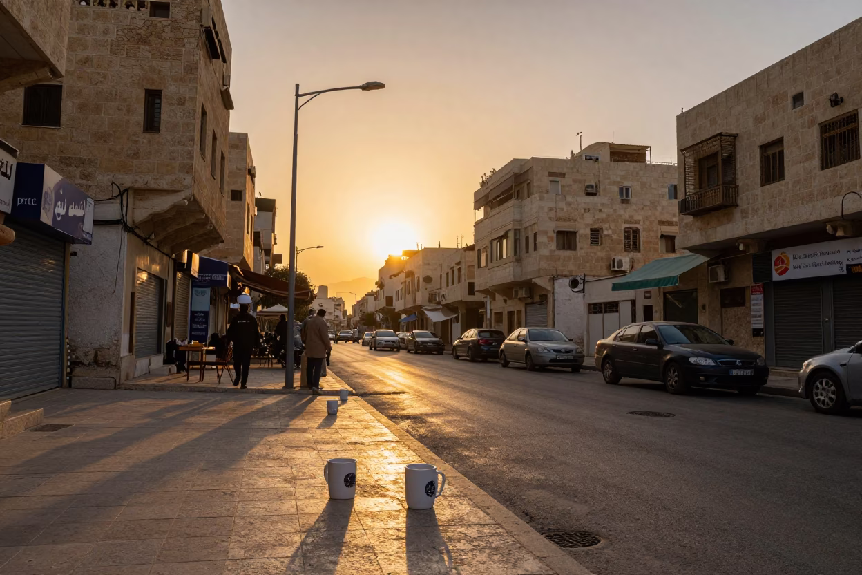 Amman Jordan Sunset Street Scene with Coffee Mugs and Local Architecture in in Amman, Jordan