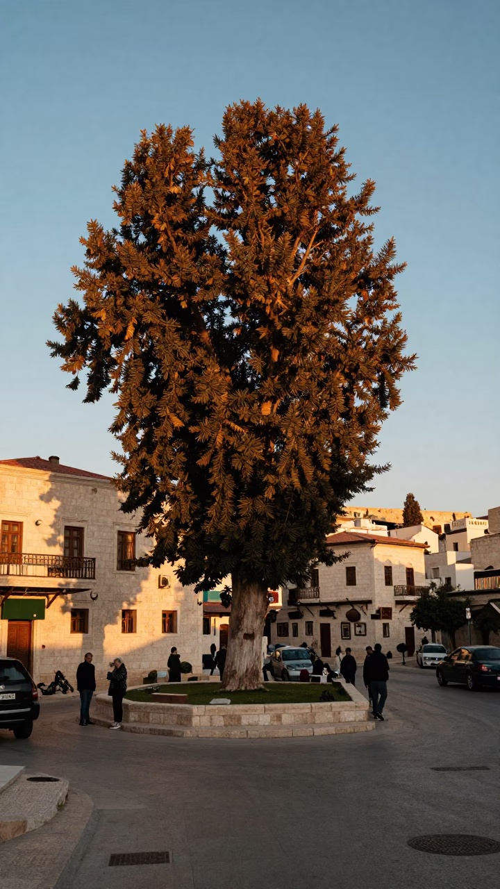 Amman Jordan Sunset Street Scene with Copper Beech Tree and Vintage Cup in in Amman, Jordan