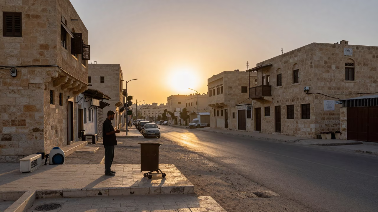 Amman Jordan Sunset Street Scene with Espresso Cup and Stone Architecture in in Amman, Jordan