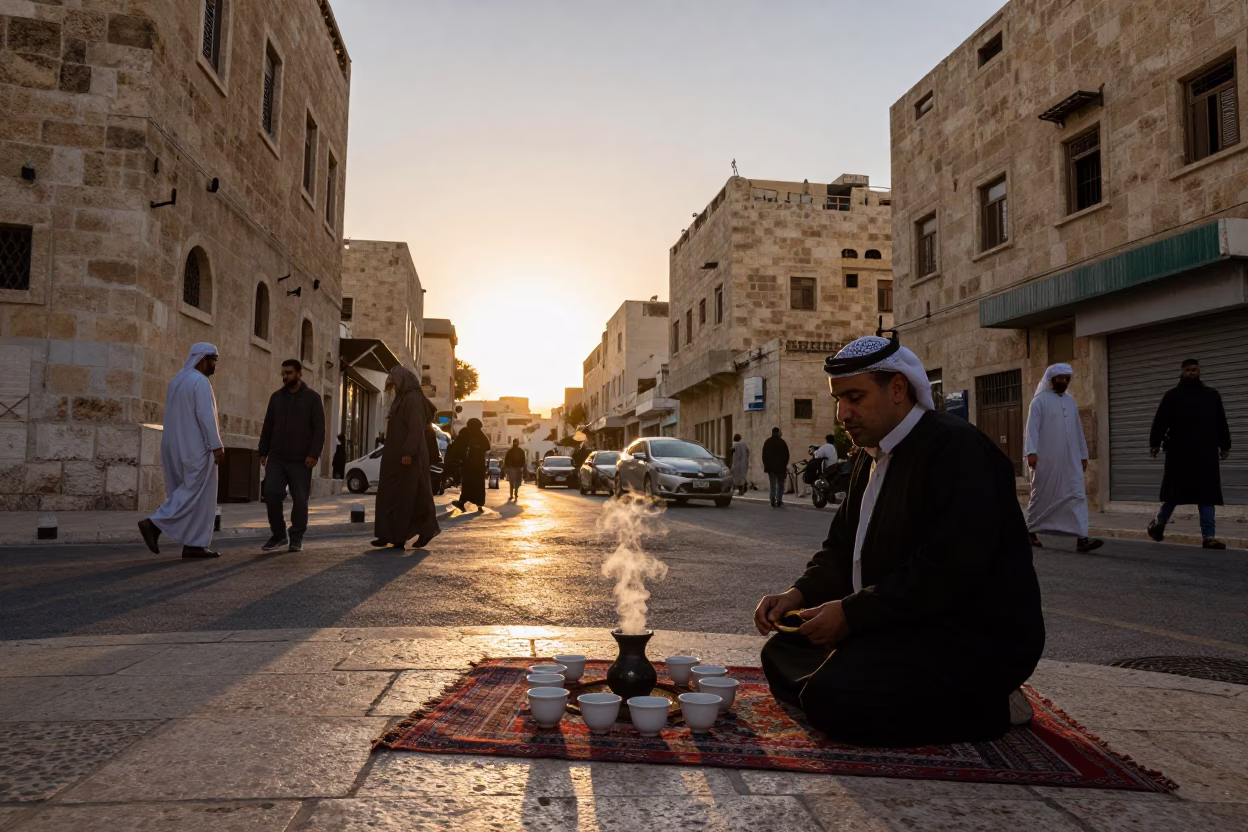 Amman Jordan Sunset Street Scene with Ethiopian Coffee Ceremony Jebena and Cups in in Amman, Jordan