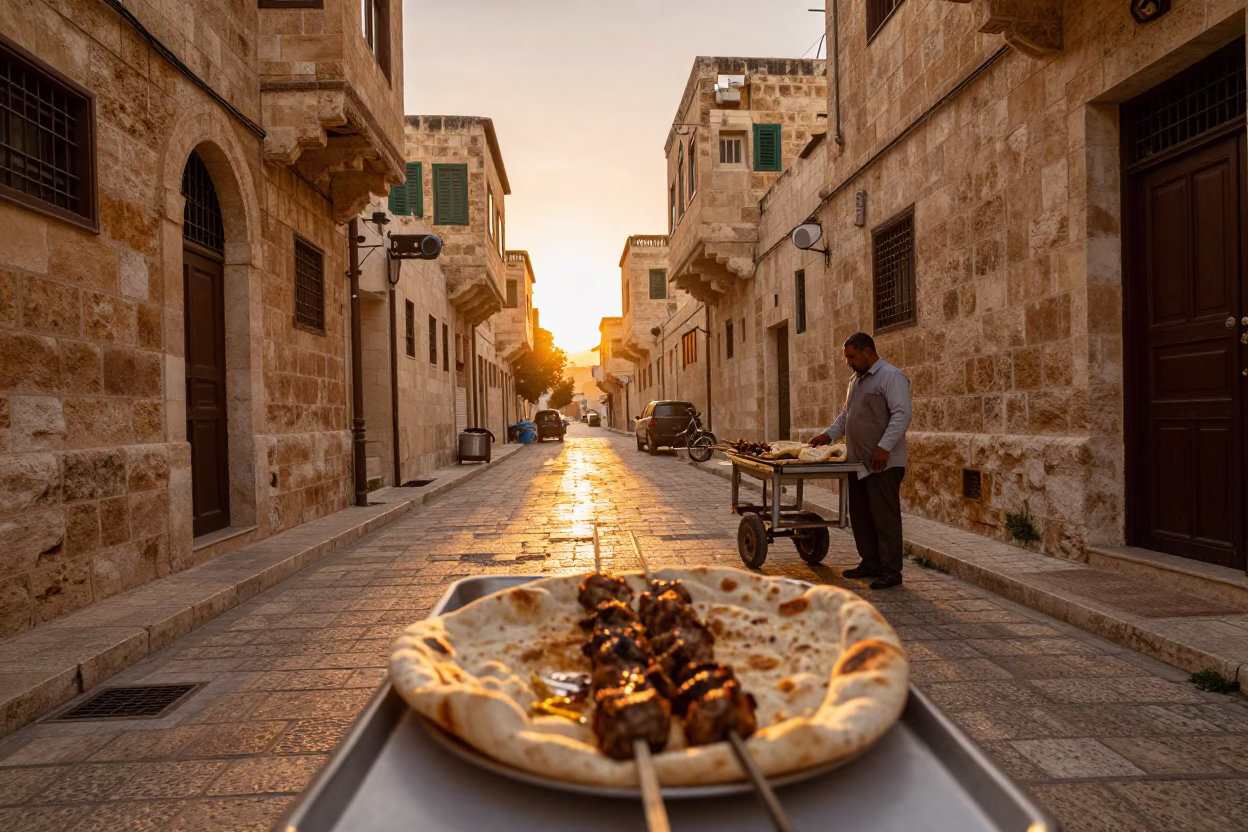 Amman Jordan Sunset Street Scene with Kebab Koobideh on Lavash and Folding Stools in in Amman, Jordan
