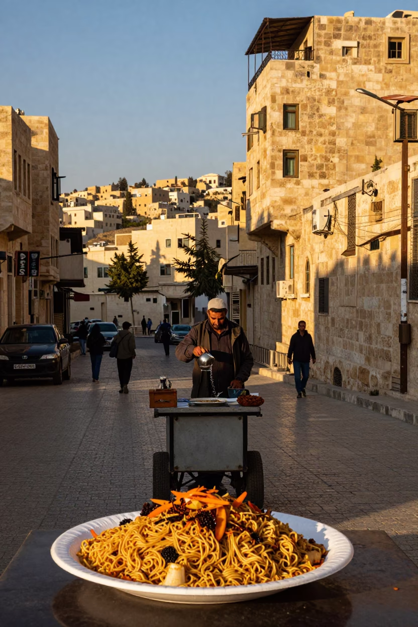 Amman Jordan Sunset Street Scene with Koshari Plate and Watering Jug in in Amman, Jordan