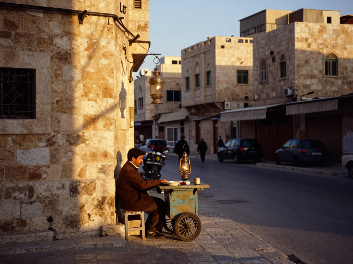 Amman Jordan Sunset Street Scene with Lantern and Local Interaction in in Amman, Jordan