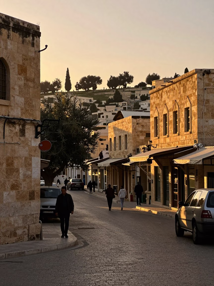 Amman Jordan Sunset Street Scene with Linen Fringe and Olive Trees in in Amman, Jordan