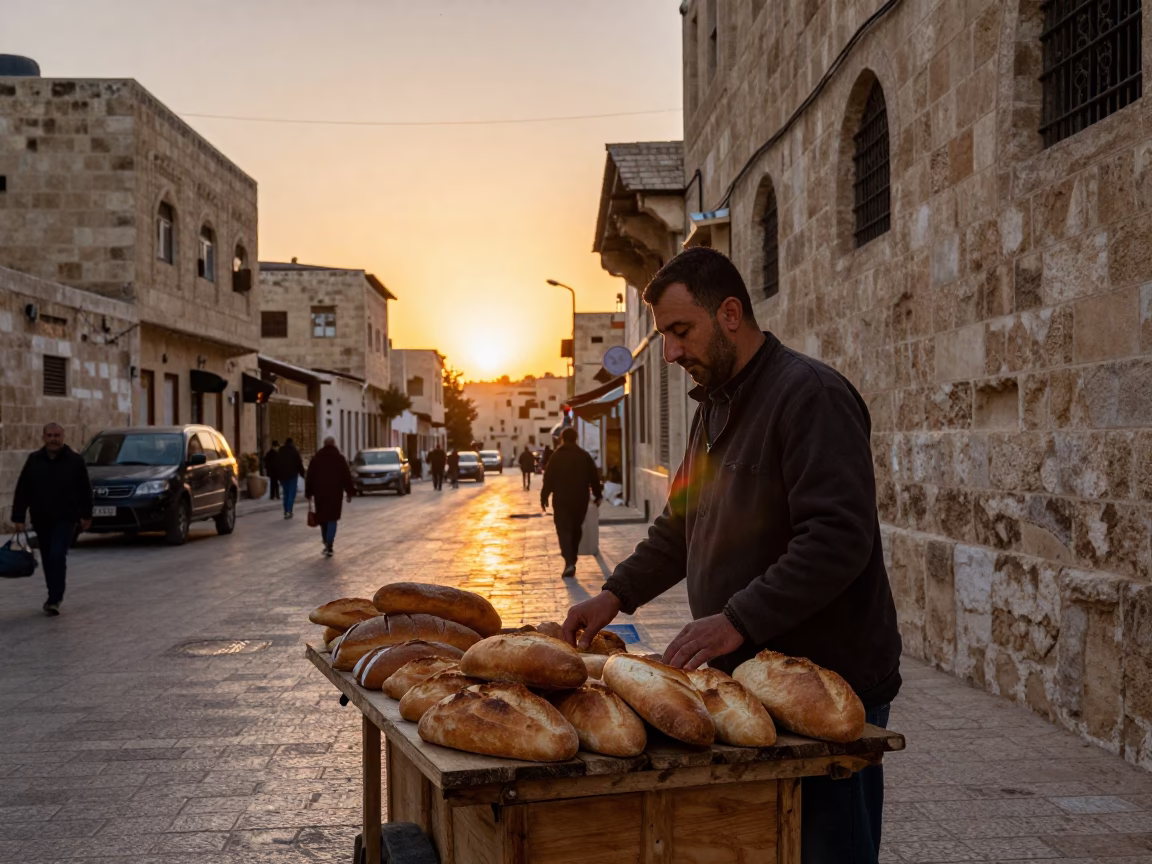 Amman Jordan Sunset Street Scene with Local Vendor and Bread Board in in Amman, Jordan