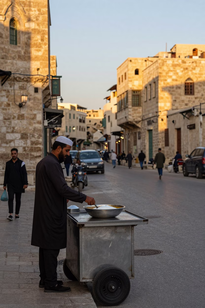 Amman Jordan Sunset Street Scene with Local Vendor and Traditional Food Bowl in in Amman, Jordan