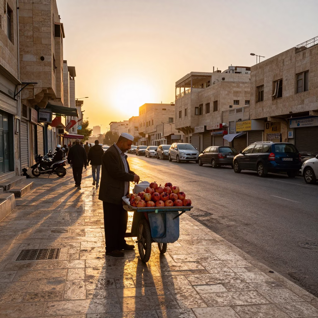 Amman Jordan Sunset Street Scene with Local Vendor and Urban Architecture in in Amman, Jordan