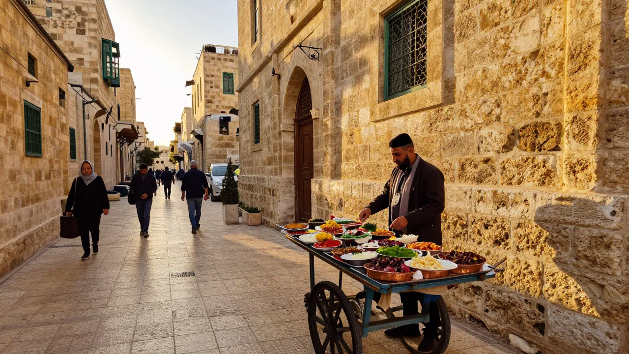 Amman Jordan Sunset Street Scene with Mezze Spread and Traditional Copper Tray in in Amman, Jordan