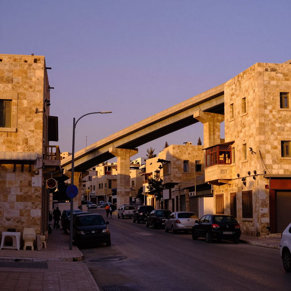 Amman Jordan Sunset Street Scene with Overpass Ramp and Local Vendor in in Amman, Jordan