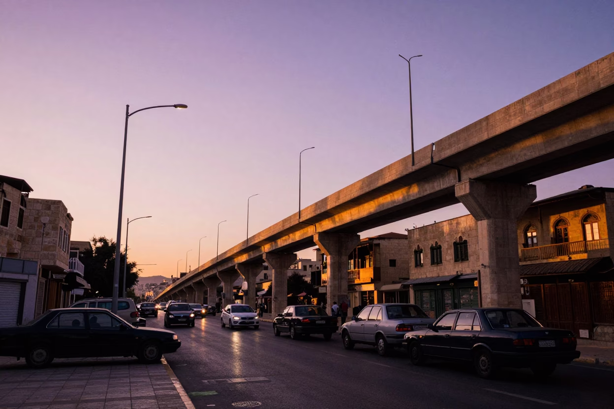 Amman Jordan Sunset Street Scene with Overpass Ramp and Traditional Traffic in in Amman, Jordan