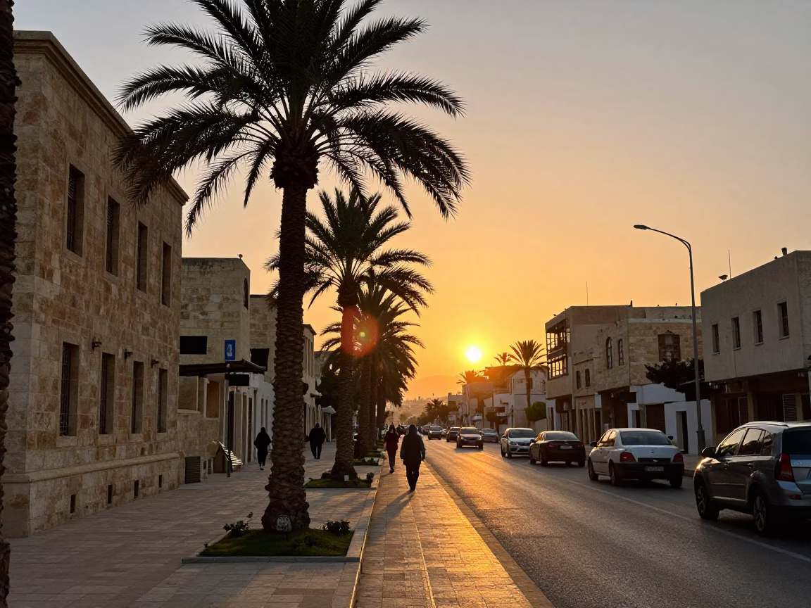 Amman Jordan Sunset Street Scene with Palm Tree Avenue and Urban Mural Art in in Amman, Jordan