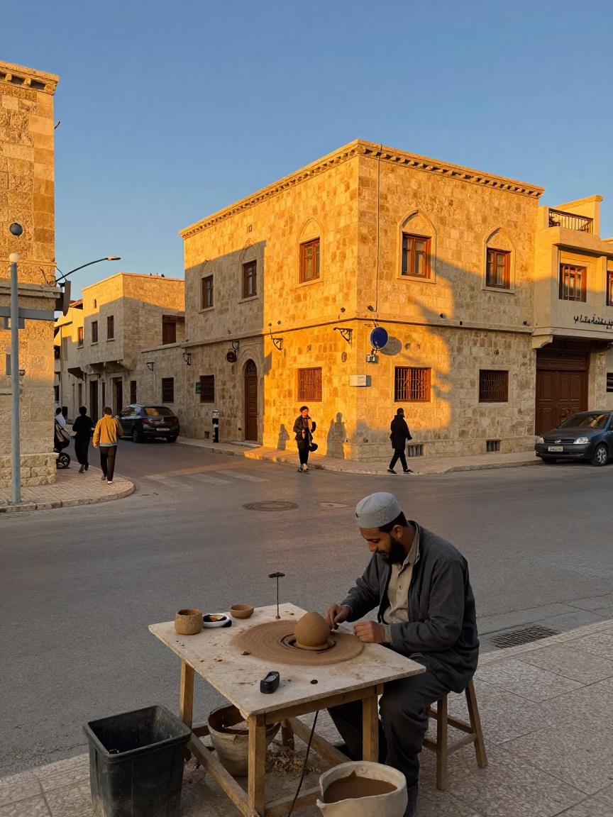 Amman Jordan Sunset Street Scene with Potter Centering Clay on Spinning Wheel in in Amman, Jordan