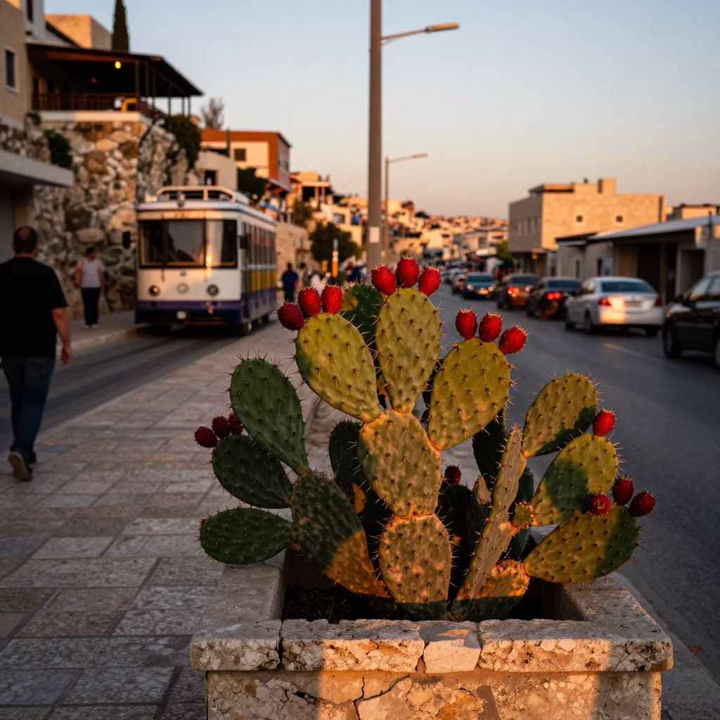 Amman Jordan Sunset Street Scene with Prickly Pear Cactus and Local Life in in Amman, Jordan