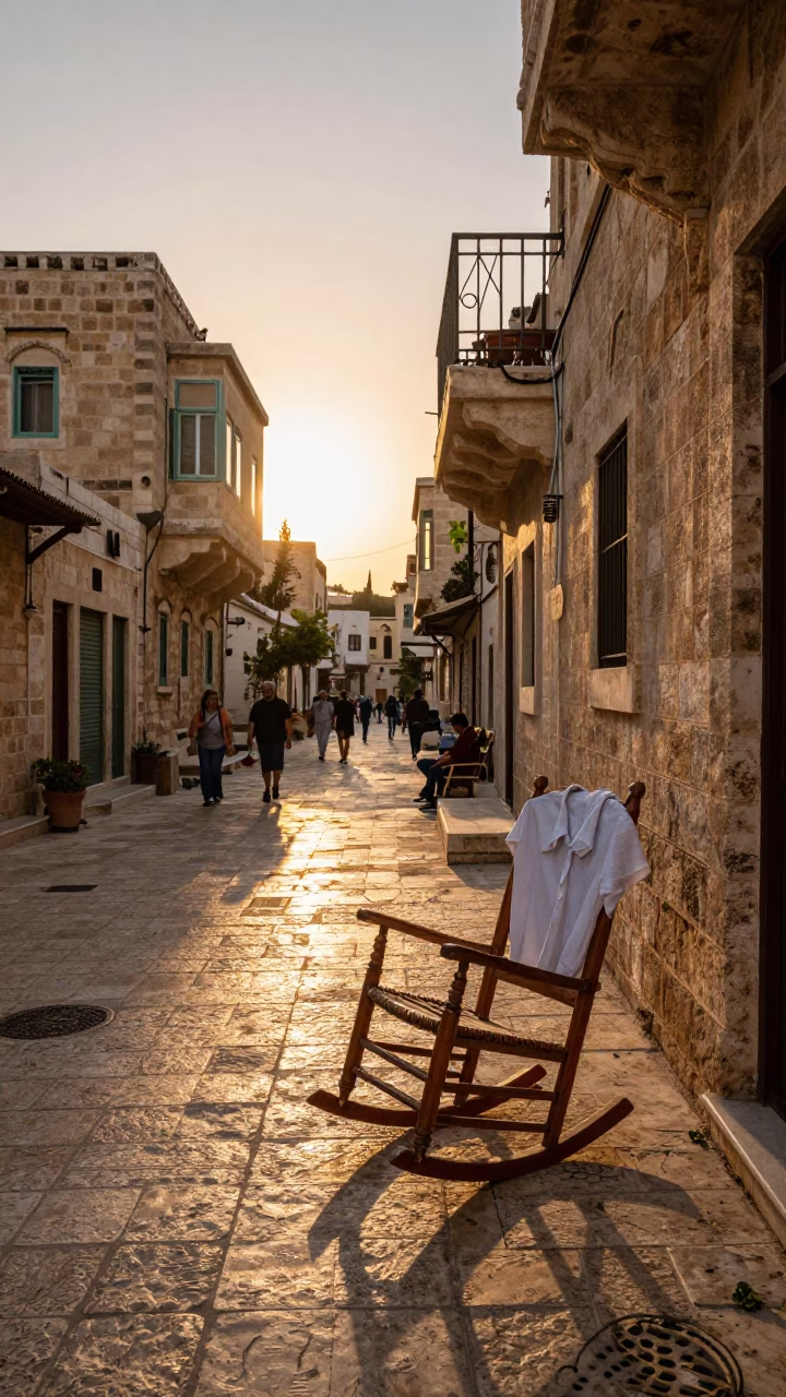 Amman Jordan Sunset Street Scene with Rocking Chair and Shirt Hanger in in Amman, Jordan