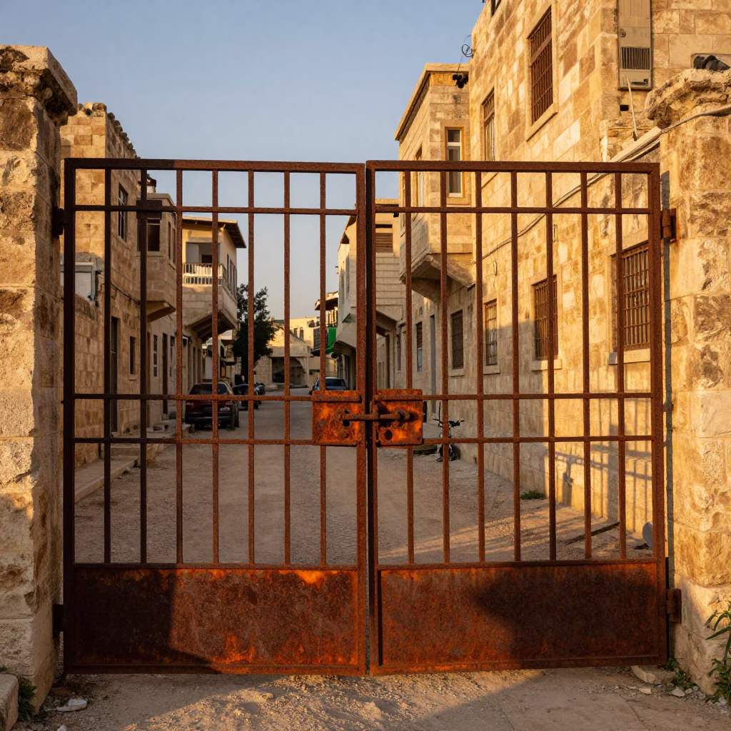 Amman Jordan Sunset Street Scene with Rusty Metal Gate and Local Life in in Amman, Jordan