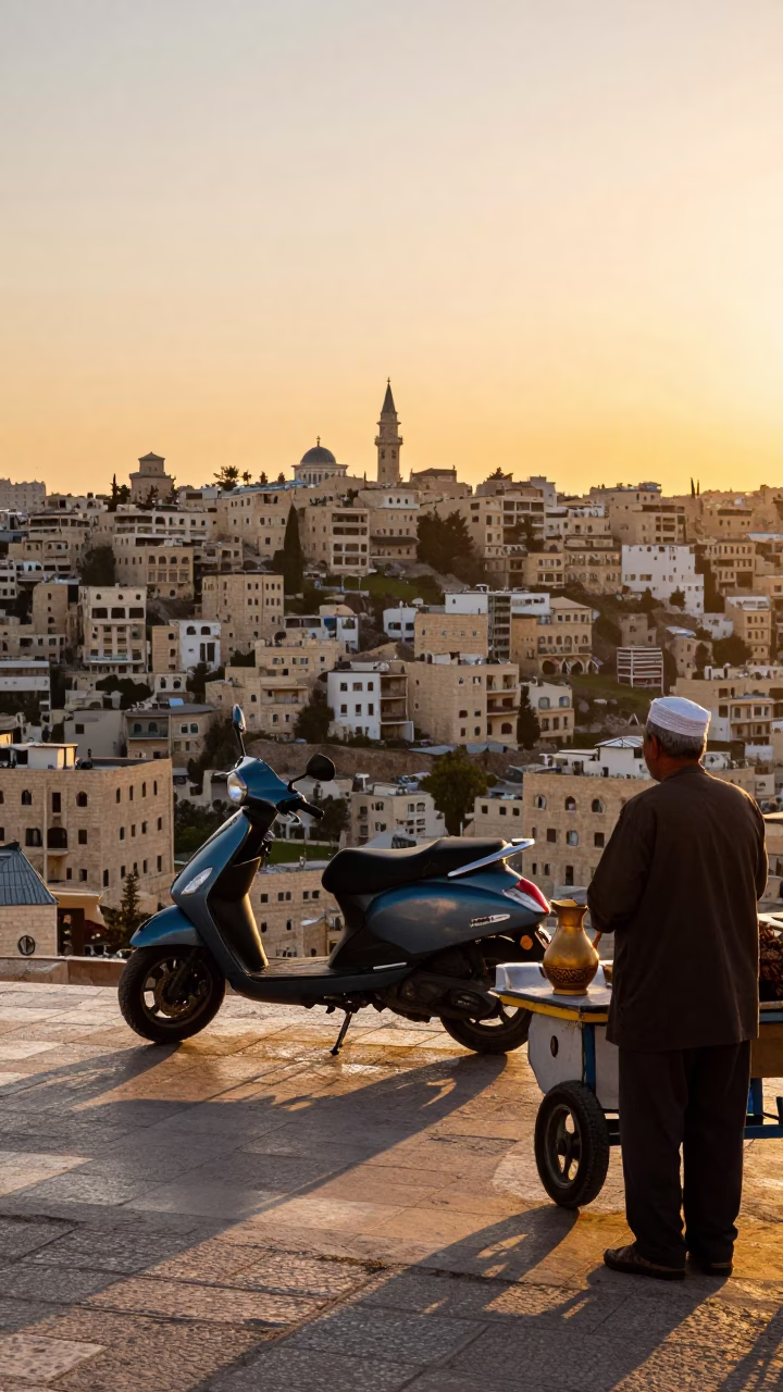 Amman Jordan Sunset Street Scene with Scooter and Traditional Pitcher in in Amman, Jordan