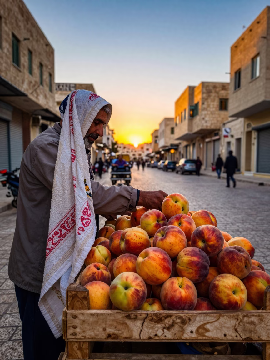 Amman Jordan Sunset Street Scene with Tea Towel and Nectarines at Al-Balad in in Amman, Jordan