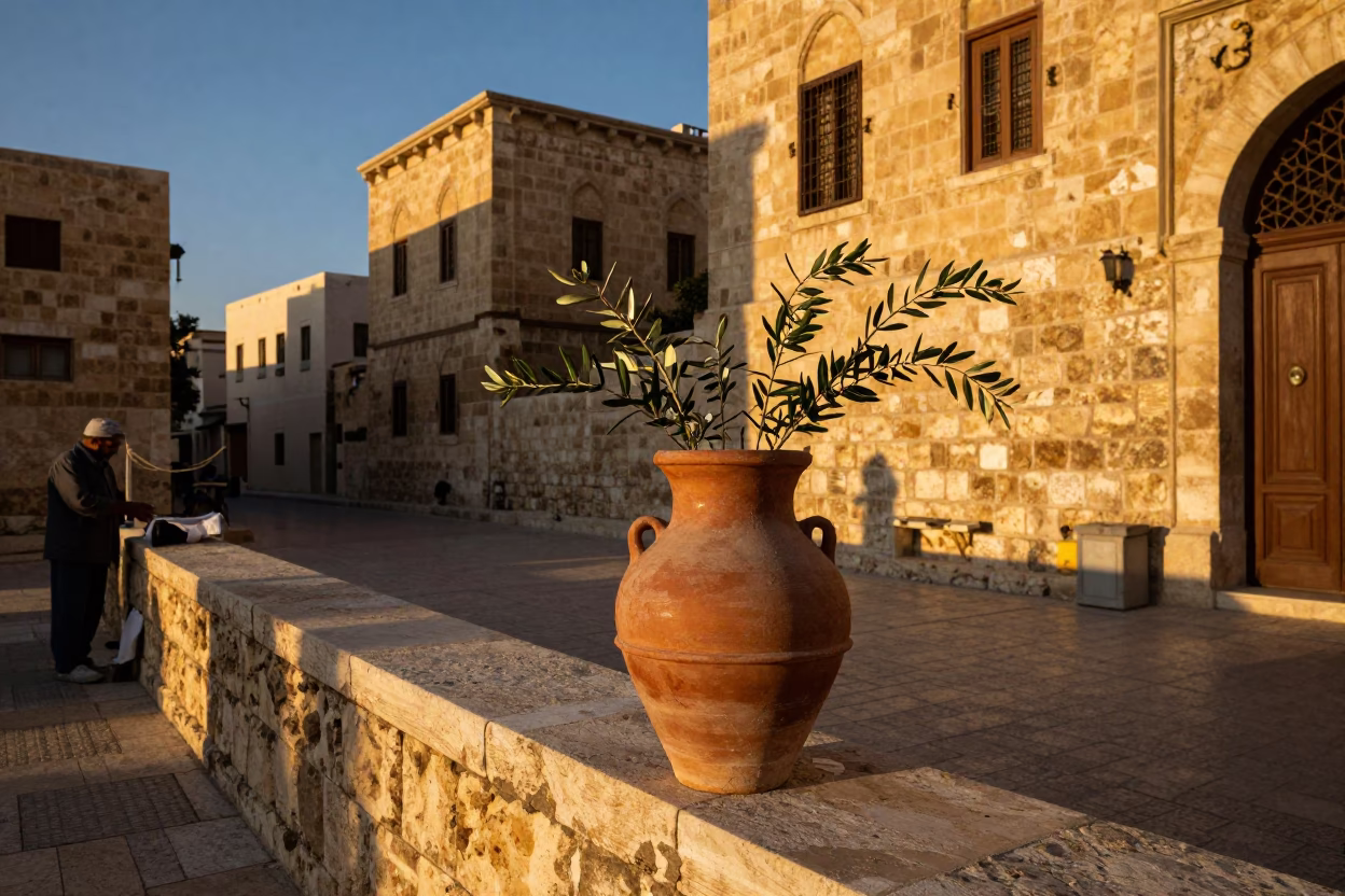 Amman Jordan Sunset Street Scene with Terracotta Pot and Linen Fringe Mirror in in Amman, Jordan