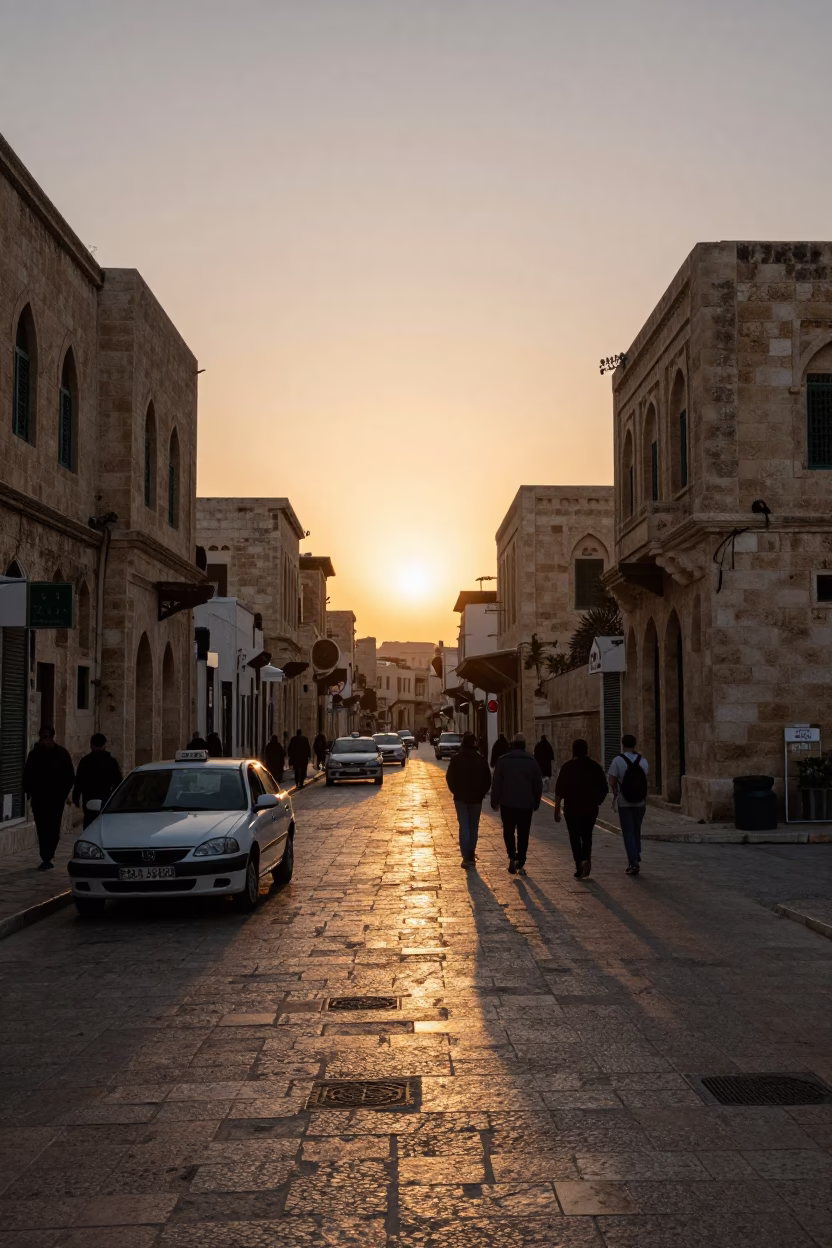 Amman Jordan Sunset Street Scene with Traditional Architecture and Local Life in in Amman, Jordan