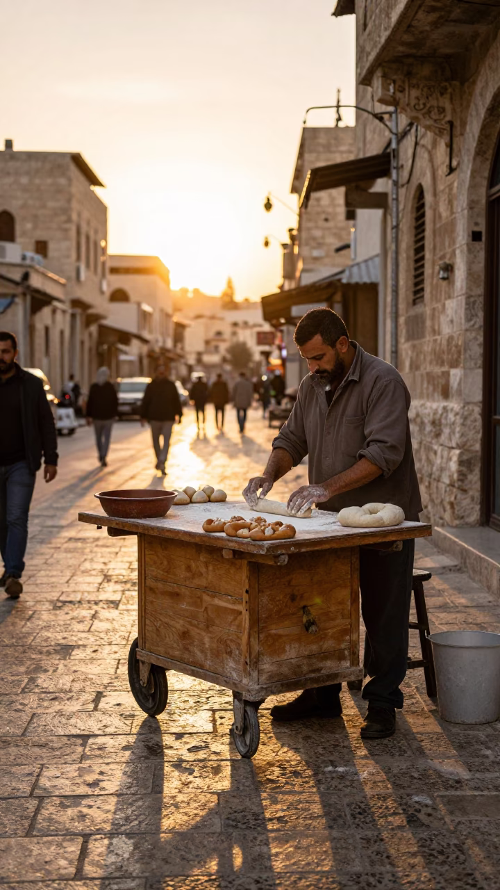 Amman Jordan Sunset Street Scene with Traditional Bread and Garlic Press on Wooden Table in in Amman, Jordan