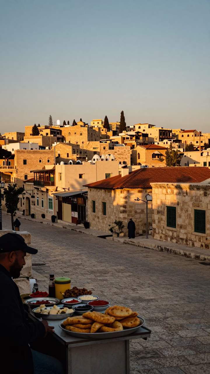 Amman Jordan Sunset Street Scene with Traditional Food and Local Life in in Amman, Jordan