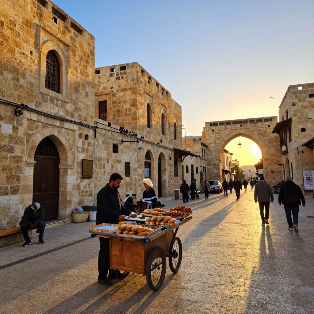 Amman Jordan Sunset Street Scene with Traditional Stone Architecture and Local Commerce in in Amman, Jordan
