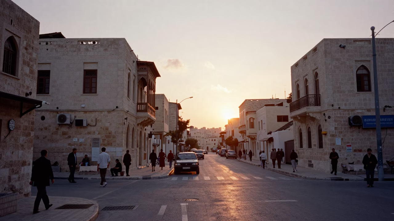 Amman Jordan Sunset Street Scene with Traditional Stone Architecture and Local Market Activity in in Amman, Jordan