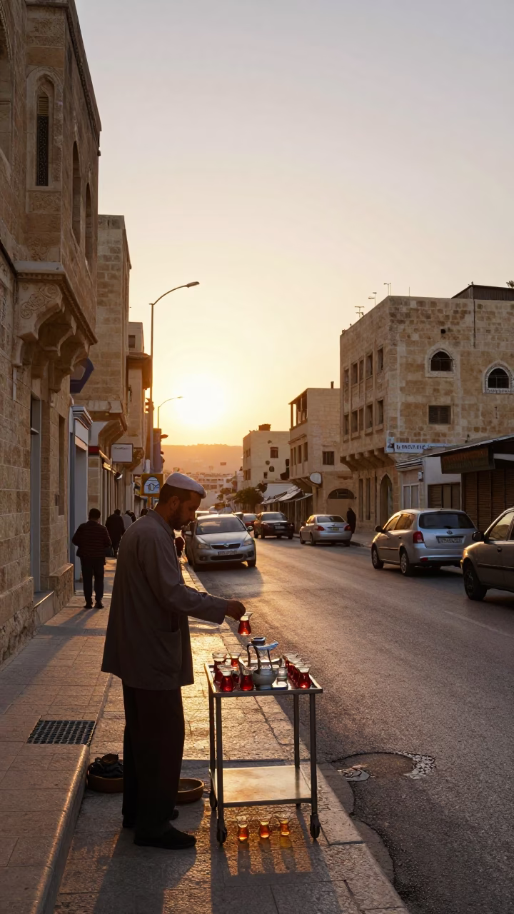 Amman Jordan Sunset Street Scene with Traditional Tea Service and Local Traffic in in Amman, Jordan