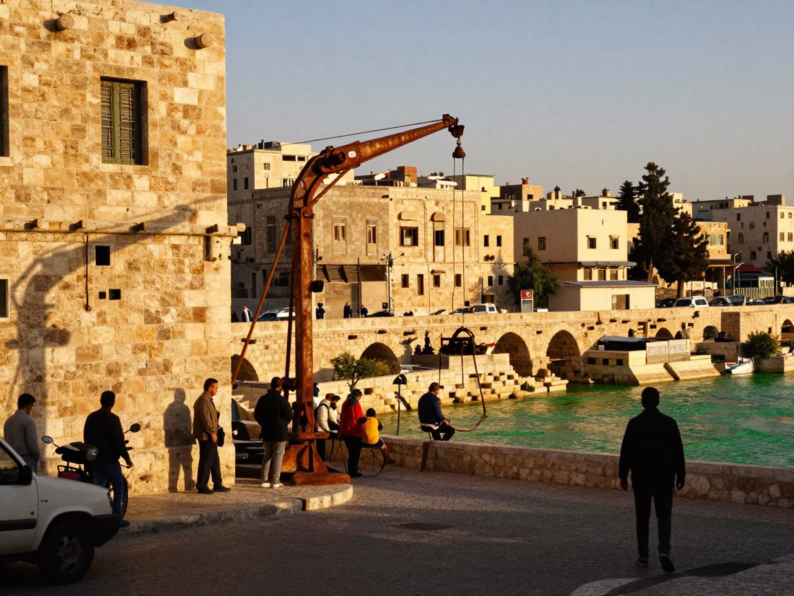Amman Jordan Sunset Street Scene with Vintage Bridge Maintenance Cradle and Local Life in in Amman, Jordan