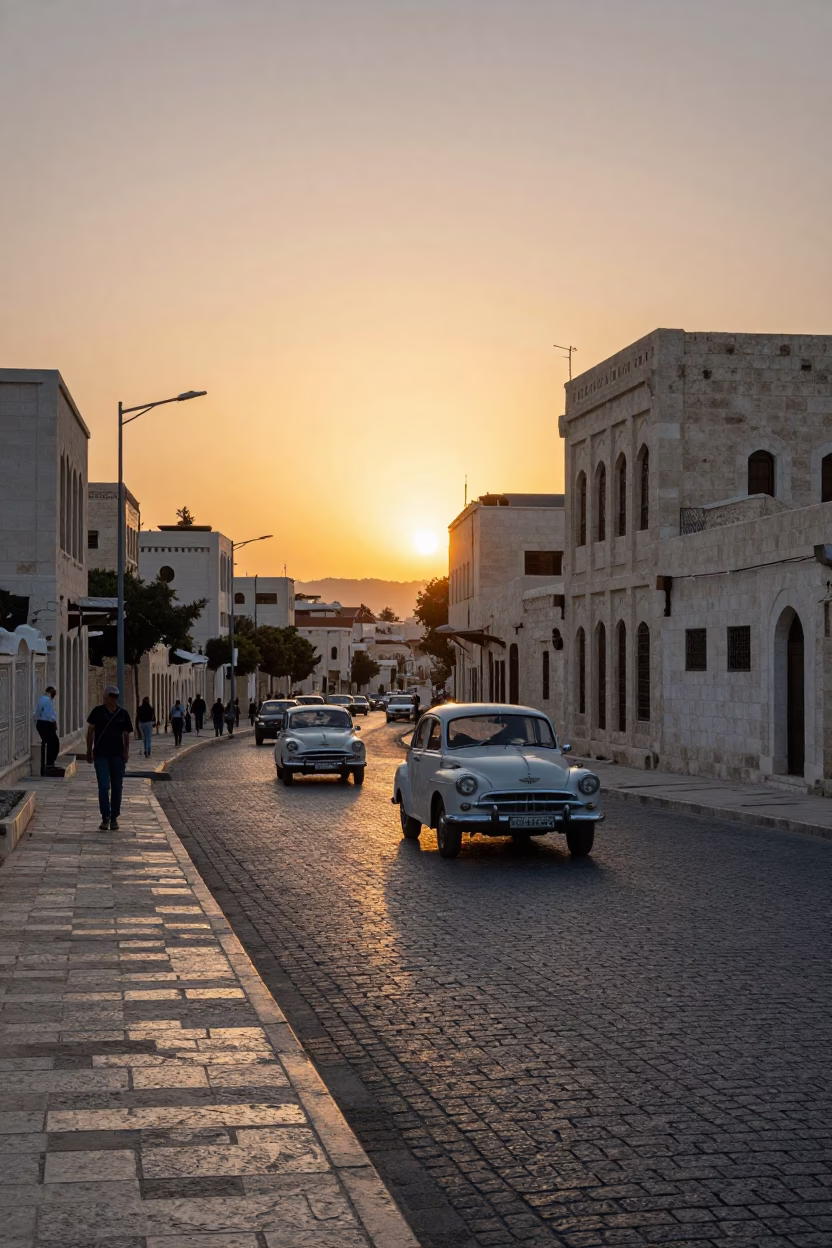 Amman Jordan Sunset Street Scene with Vintage Car Rally and Local Architecture in in Amman, Jordan
